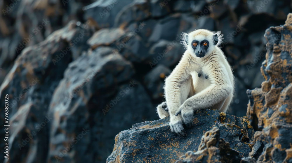 Naklejka premium A white sifakas monkey sitting on the edge of an alien black rock spire
