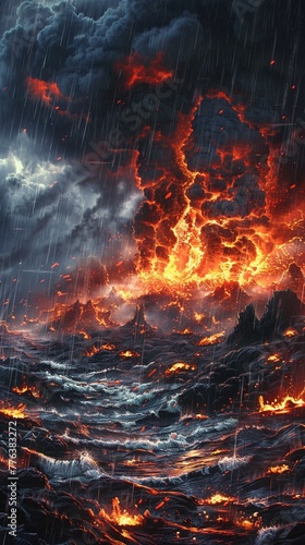 Black acidic rainfall drenching the erupting volcanic apocalypse, 2D surreal illustrate