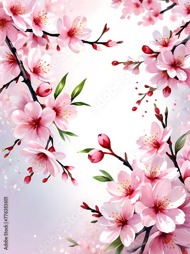 Spring greeting fresh blooming flower  leaves watercolor cherry blossom  holiday season wedding celebration design. floral frame  spring background banner. ai 