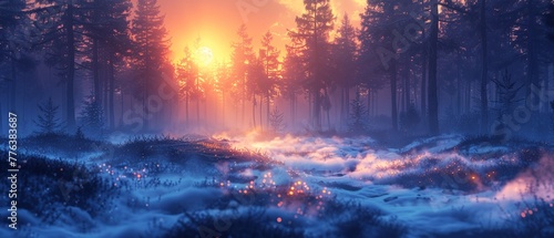 Describe the dance of light and shadow in a forest at dusk, where mystical creatures emerge from the depths of the woods