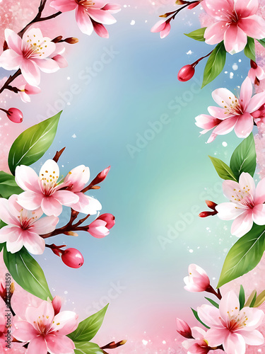 Spring greeting fresh blooming flower, leaves watercolor cherry blossom, holiday season wedding celebration design. floral frame, spring background banner. ai 