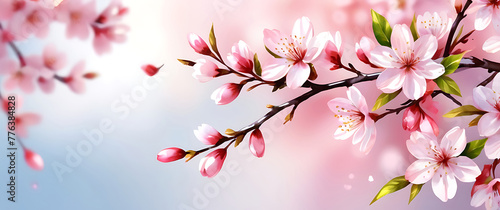Spring greeting fresh blooming flower, leaves watercolor cherry blossom, holiday season wedding celebration design. floral frame, spring background banner. ai © Al Amin