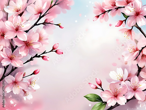 Spring greeting fresh blooming flower  leaves watercolor cherry blossom  holiday season wedding celebration design. floral frame  spring background banner. ai 