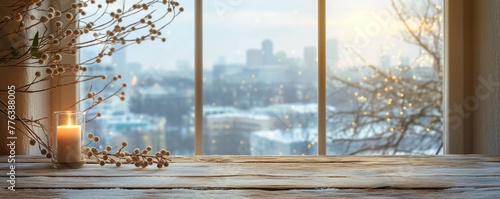 Blank wooden table over blurred window with winter city view  warm lighted candles on side  with copy space  Winter holidays  warm home graceful backgrounds.