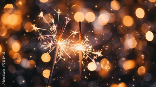 Closeup of sparkling sparklers and bokeh lights in the background