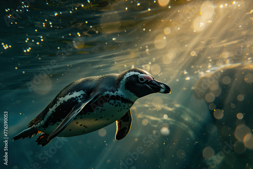 underwater penguin, swimming, sunbeam through the water