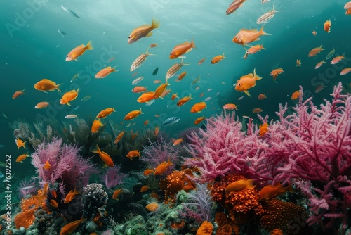Vibrant coral reef teeming with colorful fish and sea plants, captured in the soft light of an underwater photograph. The scene includes various types of corals in shades of pink, purple and orange. © Mariia