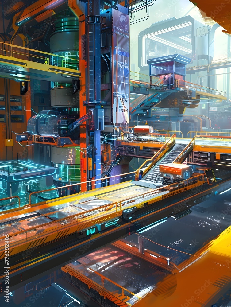 Energy Transition Augmentation and Automation Autonomous Recycling Facility Utilizing Advanced Machinery and Vibrant Contrasting Colors in Futuristic
