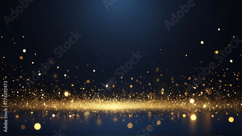 abstract background with Dark blue and gold particle. Christmas Golden light bokeh on navy blue background. black bokeh background black texture dark Gold foil texture. Holiday. ai photo