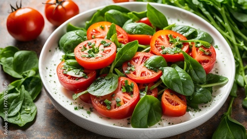 Juicy tomato salad with fresh spring greens