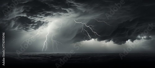 Ominous dark clouds loom over the turbulent ocean, with flashes of lightning illuminating the sky in a dramatic storm scene