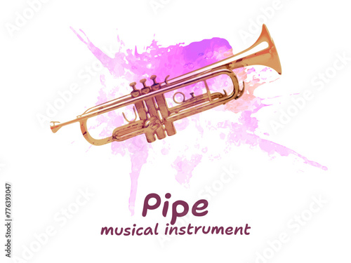 Pipe, musical instrument with colored emotional drop and splash in the background. Vector illustration. Art collage on a white background. Design template for music festival, poster, banner