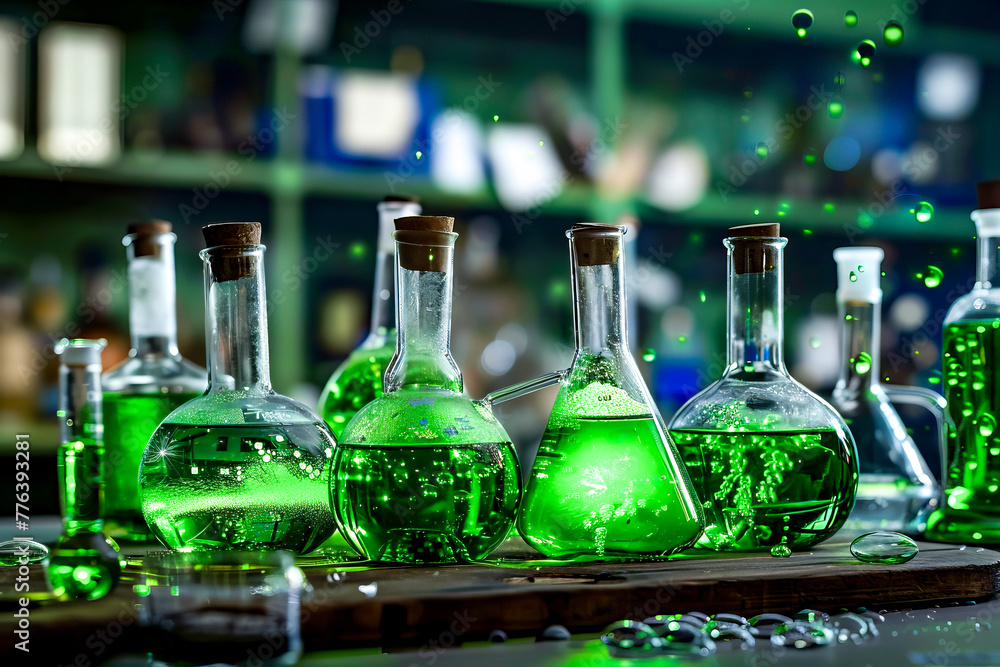 Row of green glass bottles sitting on top of wooden table next to each other. Row of green glass bottles sitting on top of wooden table next to each other.