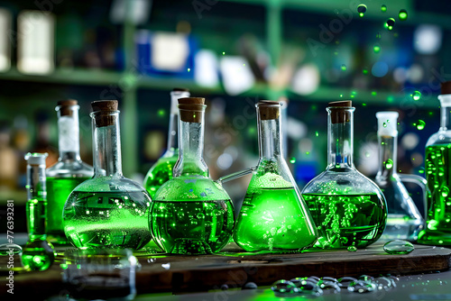Row of green glass bottles sitting on top of wooden table next to each other.