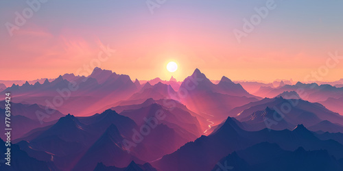 The fog and natural scenery of the outdoor mountain peaks under the sunset 