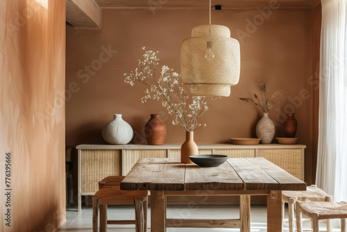 Modern light terracotta dining room with wooden furniture. Generative AI