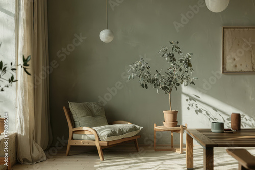 Scandinavian style sage green living room with wooden furniture. Generative AI