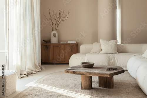 Scandinavian style living room with beige sofa and wooden furniture. Generative AI