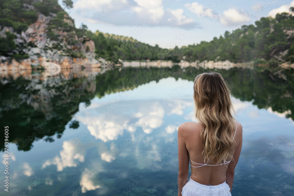 Obraz premium Woman in a white dress standing before a tranquil lake reflecting the forested hills.