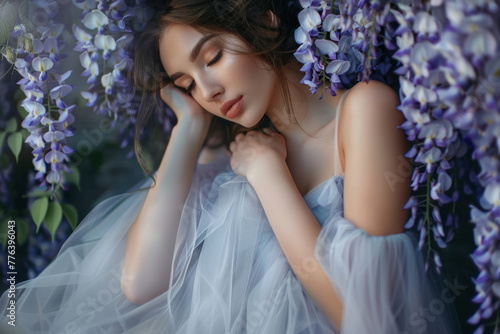 Beautiful woman in a flowing maxi dress with sequins on wisteria flowers backdrop. Generative AI