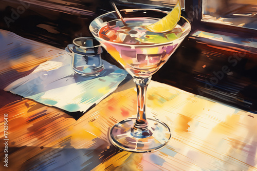 Air Mail cocktail on bar counter watercolor, Still life with glasses of wine made in abstract style.