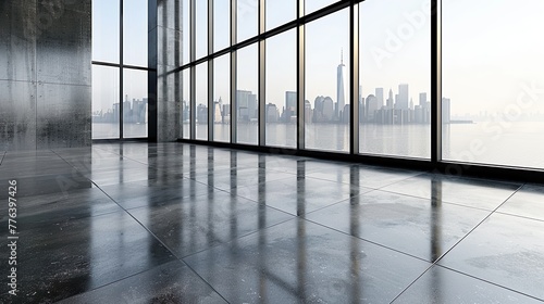 Modern Corporate Office Interior with Panoramic Windows and Cityscape View