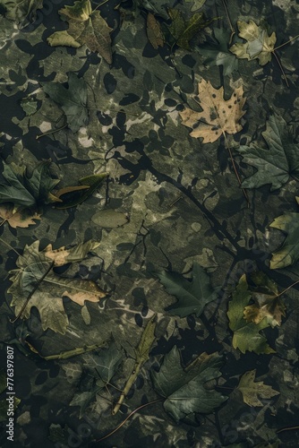A camouflage pattern, blending the greens, browns, and grays of the natural environment, symbolizing stealth and strategy created with Generative AI Technology © Sentoriak