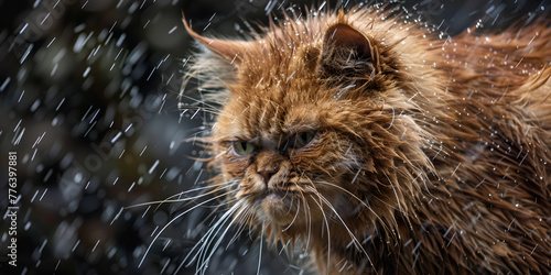 Red disgruntled cat in the rain 