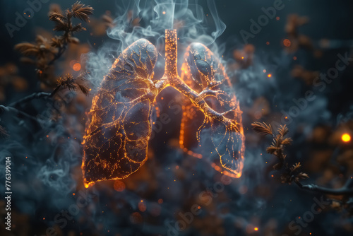 glowing lungs amidst mystical flora in a smoky atmosphere