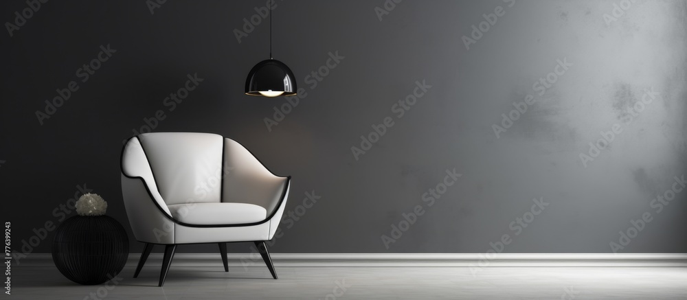 White chair placed in a room with dim lighting accompanied by a black lamp for added ambiance - obrazy, fototapety, plakaty 
