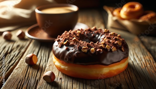 Donut au chocolat noisette gourmand sur table rustique avec café photo
