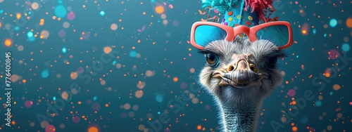 A humorous ostrich at an event, copy spaace photo