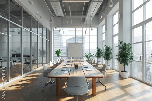 Modern Corporate Boardroom, Business meeting room with Glass Walls, Wooden Conference Table and Chairs, City View. Office Interior Design. © Vladimir