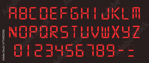 Red Digital Display Font with Alarm Clock Letters, Electronic Alphabet, Retro Calculator Symbols, LCD Monitor Characters, and Scoreboard Digits. Vector EPS 10