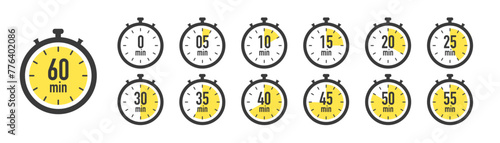 Timer, stopwatch icons. Clock with different minutes from 5 to 60. Countdown timer set. Delivery time meaning. Sport or cooking clocks. Vector illustration