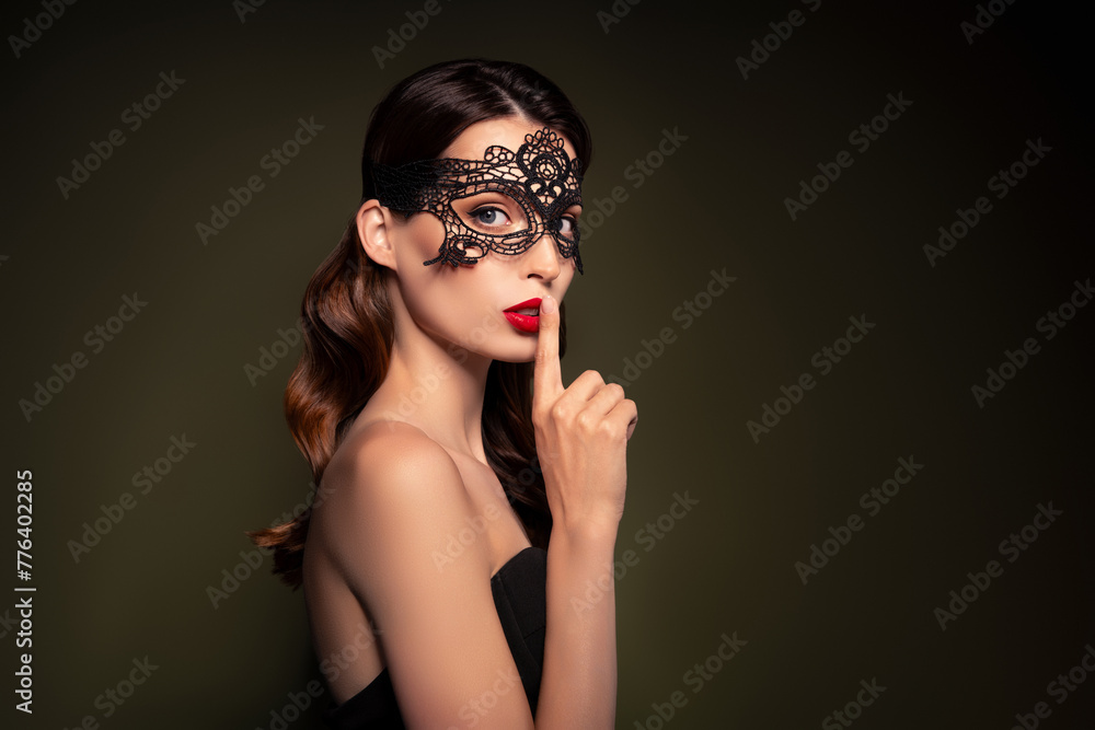Fototapeta premium Photo of mysterious lady hollywood star wear face mask hide her appearance incognito over khaki color background