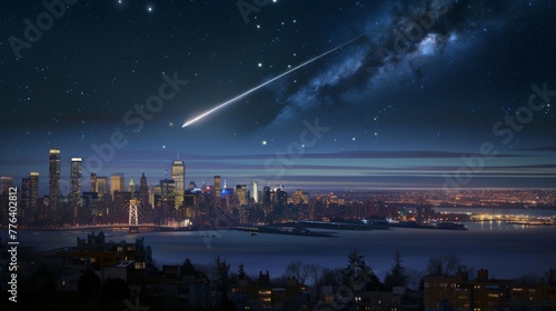 Night Sky Sprinkled with Stars Above the City's Silhouette, Сamet, asteroid, meteorite flying on dark blue background. Night landscape.