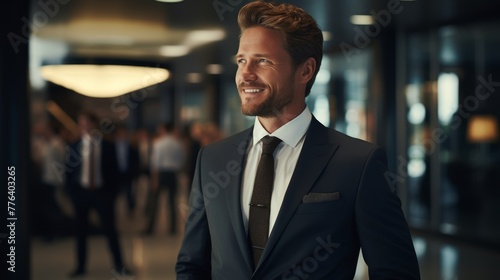 Portrait of a smiling businessman standing in office lobby, looking at camera