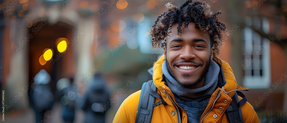 Smiling African American student with backpack at university exuding confidence and motivation. Concept Education, Confidence, Motivation, Success, University
