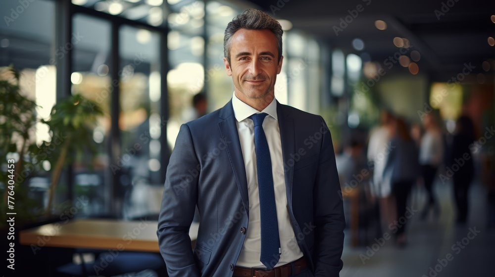 Portrait of confident businessman standing in office lobby with colleagues in background Portrait of confident businessman standing in office lobby with colleagues in background
