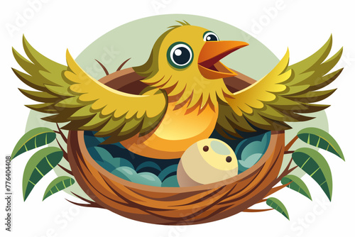 A sweet bird covers its nest with its wings and there is one chick in the nest