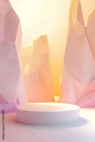 Abstract surreal scene - empty stage with white polygonal podium on pastel pink and gold colored background. Pedestal for cosmetic product packaging mockups display presentation © Aliaksandr Siamko
