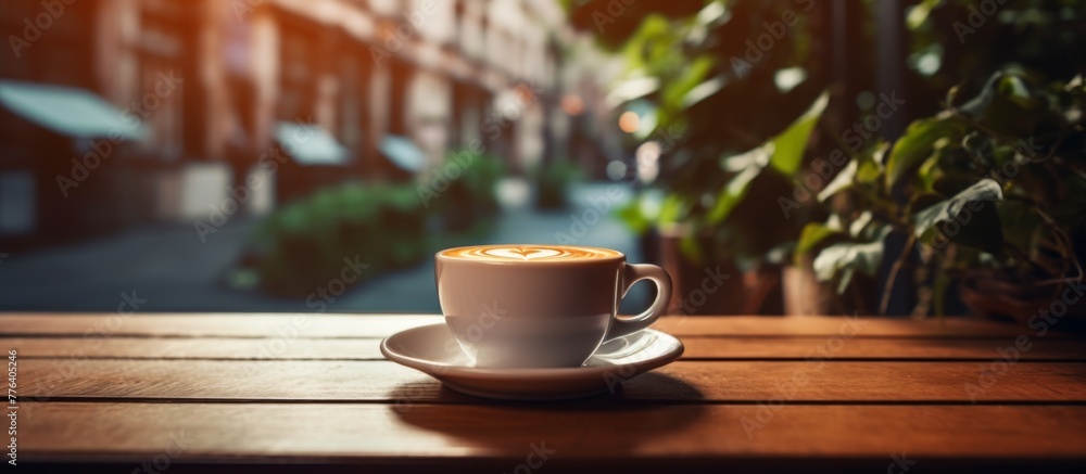 A freshly brewed cup of coffee, placed on a rustic wooden table, ready to be enjoyed A freshly brewed cup of coffee, placed on a rustic wooden table, ready to be enjoyed