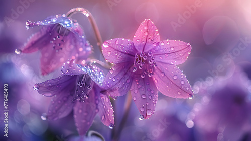 Beautiful bright lilac bell flower in drops of morning dew. Close-up water drops. Generative Ai