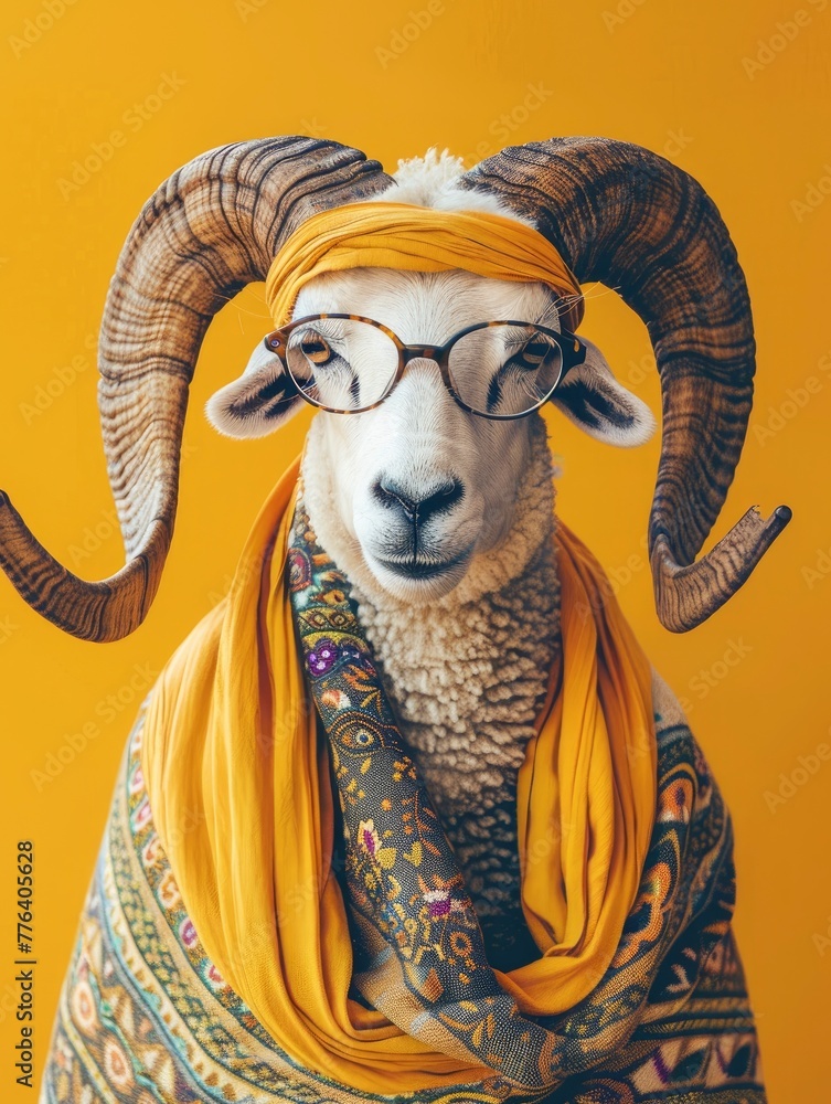 Portrait of a stylish ram in Arabic clothes and sunglasses on a single color background. Eid Al Adha Mubarak greeting card with sheep. Eid Al Adha concept background and copy space - generative ai