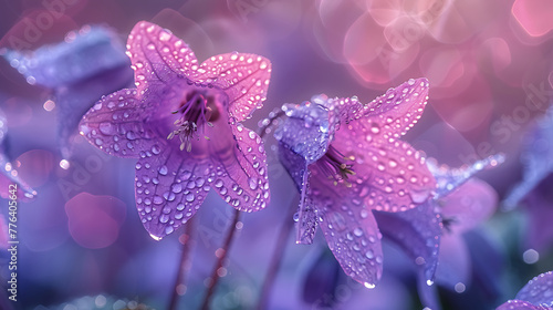 Beautiful bright lilac bell flower in drops of morning dew. Close-up water drops. Generative Ai