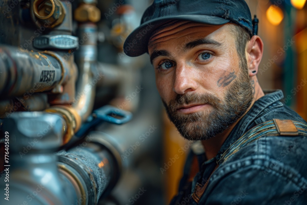 Fototapeta premium A rugged male technician carefully inspecting and repairing complex pipe machinery