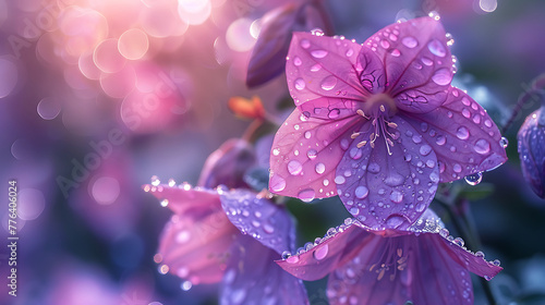 Beautiful bright lilac bell flower in drops of morning dew. Close-up water drops. Generative Ai