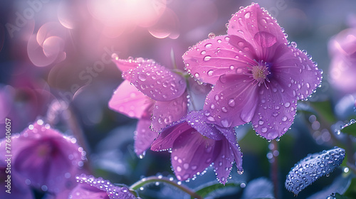 Beautiful bright lilac bell flower in drops of morning dew. Close-up water drops. Generative Ai