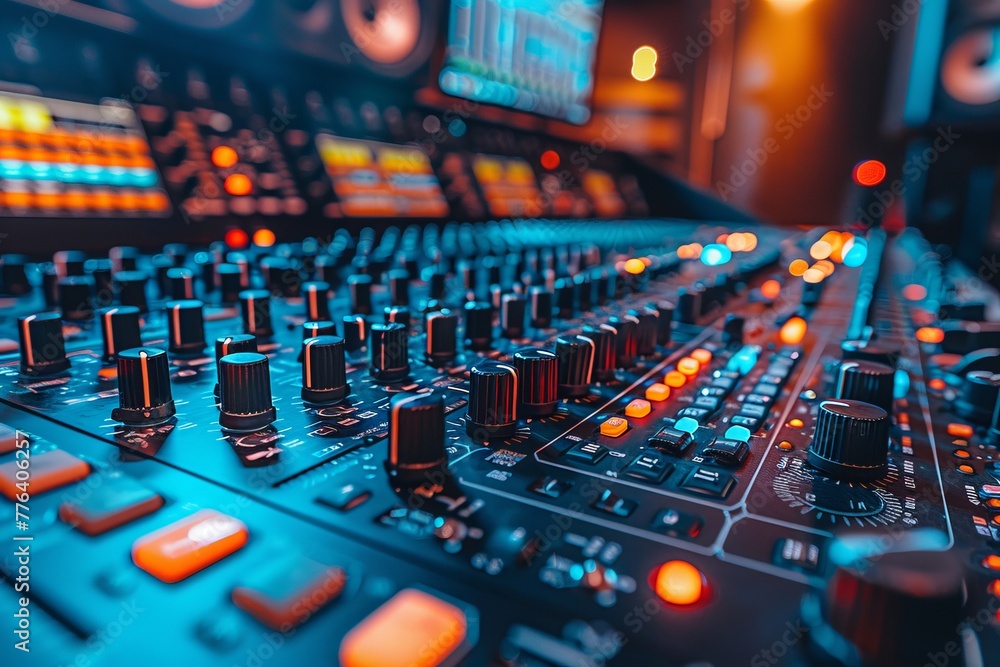 A detailed view of a sound mixing console's knobs and sliders used for audio control in a music studio A detailed view of a sound mixing console's knobs and sliders used for audio control in a music studio